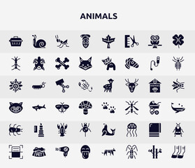 Naklejka premium animals filled icons set. glyph icons such as pet cage, facial treatment, stick insect, trimming, pawprint, balm, spider, towel, platypus icon.