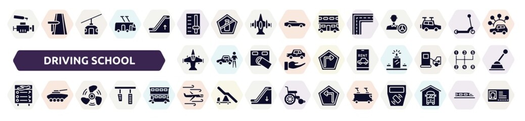 driving school filled icons set. glyph icons such as car engine, gearbox, broken line, military airplane bottom view, rent a car, flight information, ship propeller, turbulence, tramway