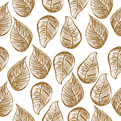 Seamless luxury pattern with cute doodle gold outline leaves. Vector illustration.