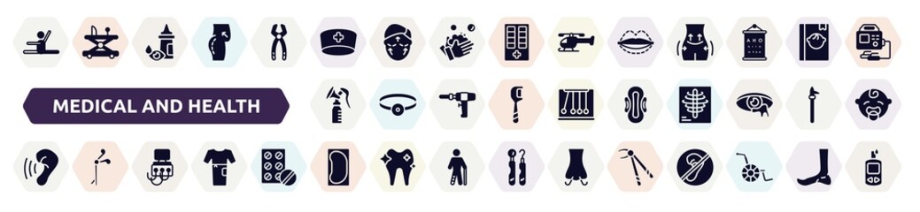 medical and health filled icons set. glyph icons such as stretch, doctor cap, sil, breast pump, sanitary napkin, hearing, dialysis, bedpan, forcep icon.