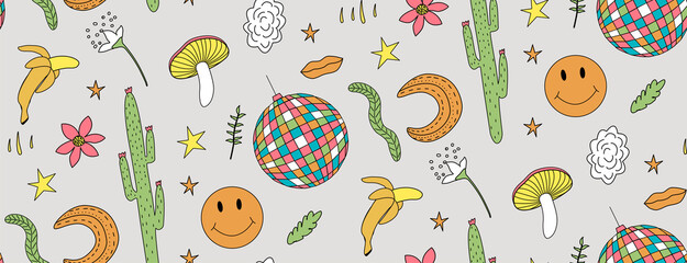 retro drawing; magic mushroom sticker. Print for clothes. fashion vector illustration. cartoon style. Vintage emoticon. Stickers in the style of the seventies. Seamless pattern in retro style