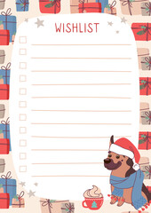 A festive winter wish list in a flat style. A funny dog in a Christmas hat and cappuccino decorates the Christmas wish list. Vector Christmas background for records
