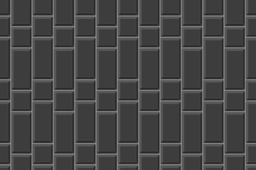 Black rectangle and square tile vertical masonry background. Ceramic or brick wall seamless pattern. Kitchen backsplash or bathroom floor texture. Vector flat illustration