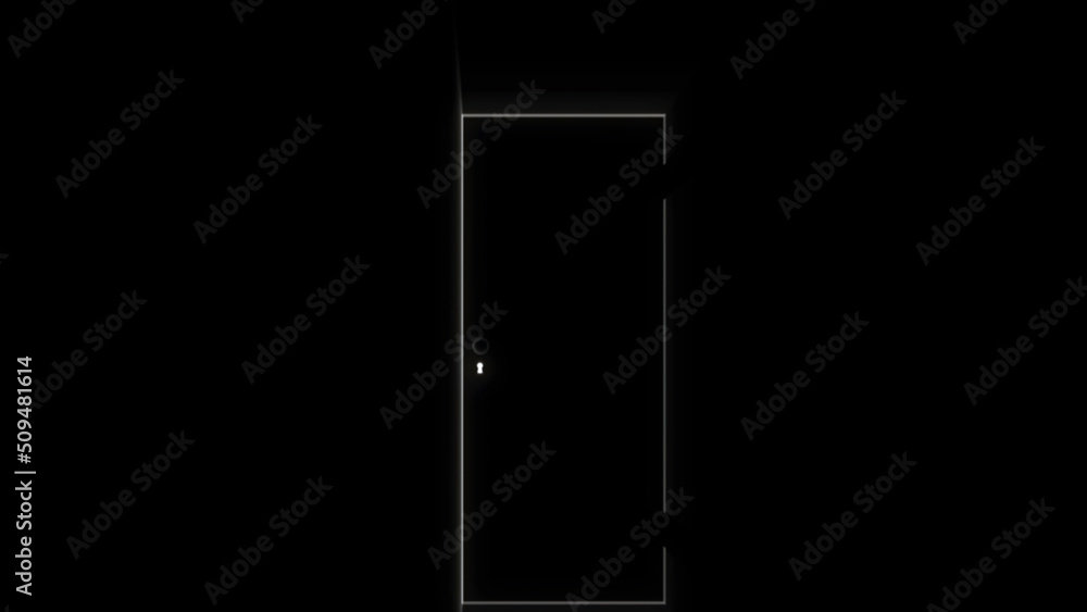 Poster abstract animation of door in the dark room and keyhole with shining light rays. animation. keyhole 