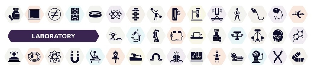 laboratory filled icons set. glyph icons such as medicines, orbit, tuning fork, wise, pill jar, convex, protons, rocket launch, headmistress icon.