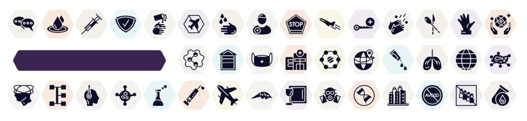 Fototapeta na wymiar filled icons set. glyph icons such as consult, no flight, high temperature, social, worldwide, dizziness, fever, vaccine, dna icon.