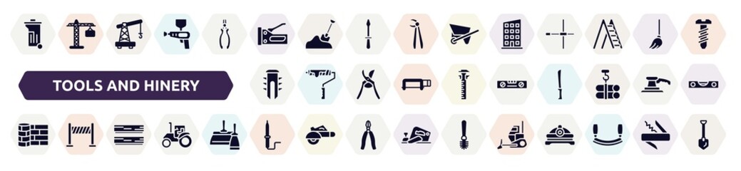 tools and hinery filled icons set. glyph icons such as dumpster, big stapler, rectangles, dyupel, balance ruler, linoleum, boards, solder, bulldozing icon.