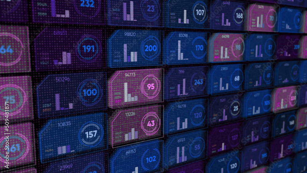 Poster abstract digital display with colorful rows of small cells or microchips with different numbers and 