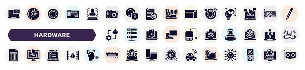 hardware filled icons set. glyph icons such as video lesson, mainboard, digital campaign, synchronizing, fraud, spreadsheet, online test, rom, ban icon.