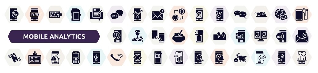 mobile analytics filled icons set. glyph icons such as call by mobile phone, swearing, outgoing call, unknown user, punctuation mark, phone on vibrational mode, wifi connection warning, auricular of