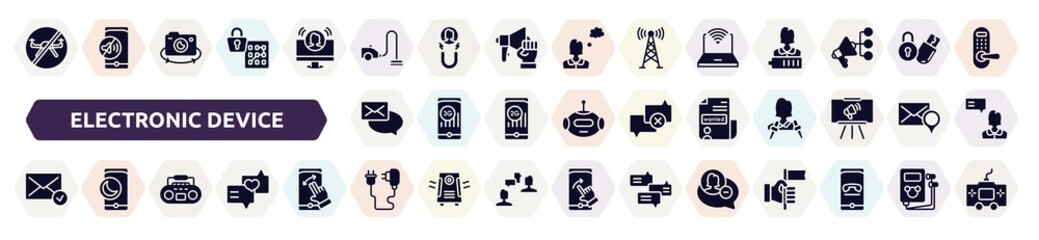 electronic device filled icons set. glyph icons such as no drone zone, vacuum, survival kit, emails, wanted, message received, tape player, phone charger, remove user icon.