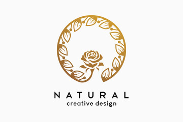 Simple and elegant feminine logo for beauty business, flowers and leaves in circle with beautiful frame concept