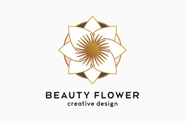 Simple and elegant feminine logo for beauty business, flower icon with luxury line concept in dots