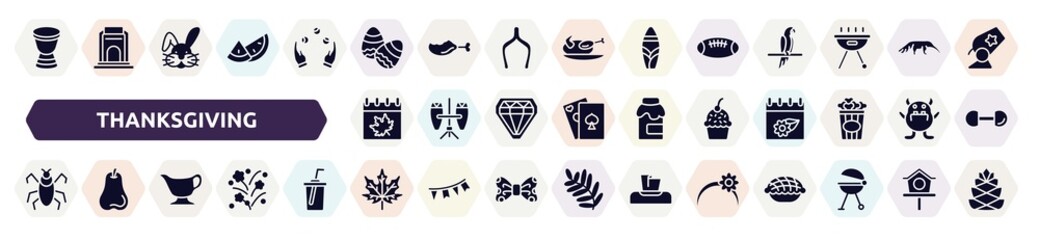 thanksgiving filled icons set. glyph icons such as african drums, eggs, rugby ball, autumn, muffin, insect, gravy, fall, headband icon.