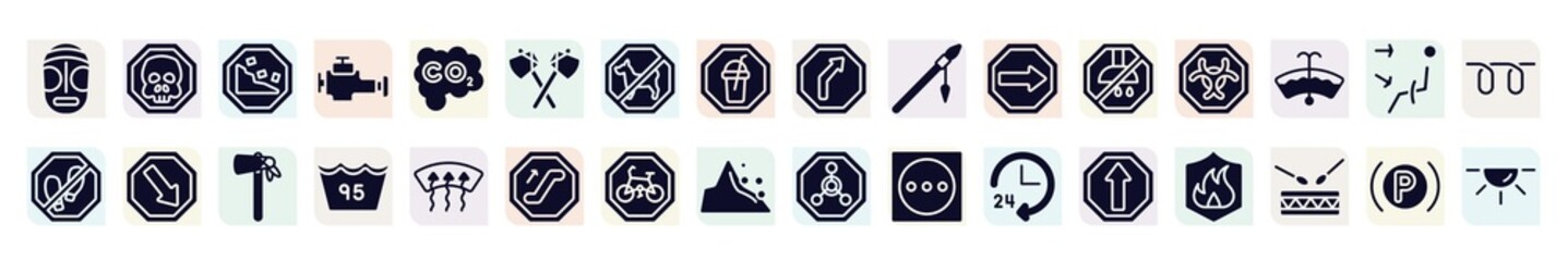 car dashboard signals filled icons set. glyph icons such as native american mask, falling rocks, native american axes, native american spear, biological hazard, keep right, 95 degrees maximun
