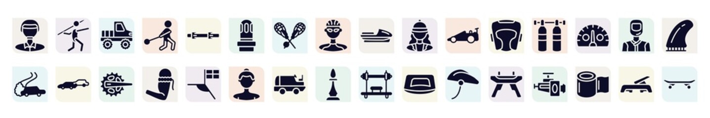 sport equipment filled icons set. glyph icons such as polo player, off road, led strobe, horsewoman, gas cilinder, chase, armband, ice resurfacer, pommel horse icon.