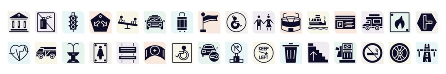 signals set filled icons set. glyph icons such as museum, semaphore traffic lights, car frontal view, girl and boy, parking card, minivan taxi, women toilet, handicapped, ascending stairs