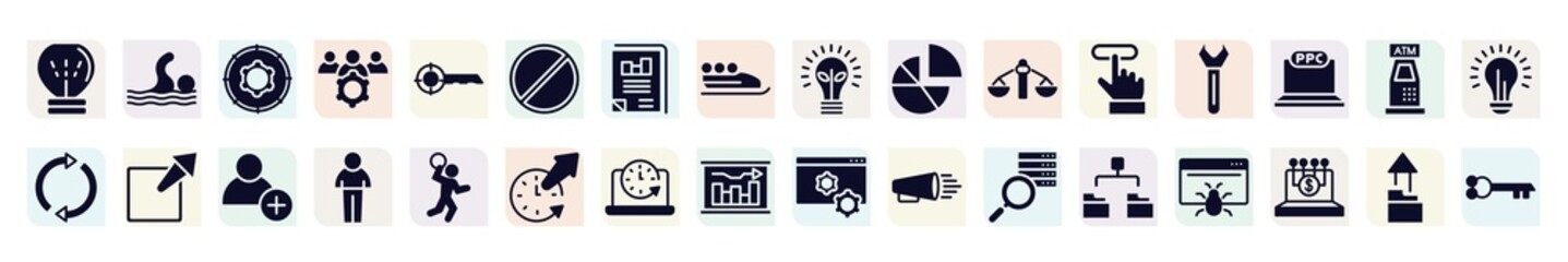 business pack filled icons set. glyph icons such as lightbulb gross, function, banned, diagrams, key tool, external, person shape, circular clock, diagram folder icon.