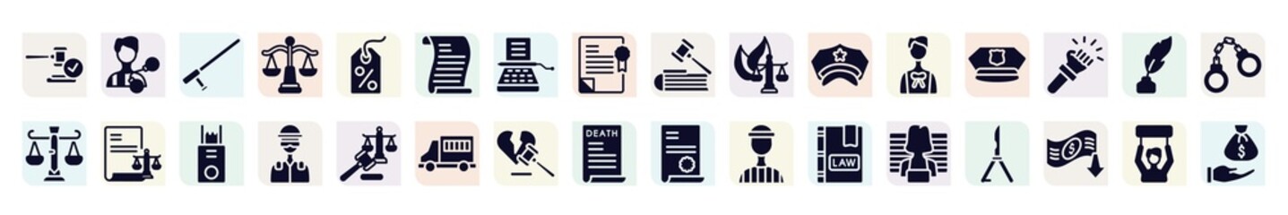 law and justice filled icons set. glyph icons such as veredict, baton, scroll with law, environmental law, police cap, corporative , divorce, prisoner icon. - obrazy, fototapety, plakaty
