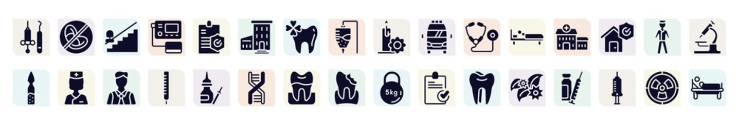 health filled icons set. glyph icons such as dentist tools, mechanical stairs going down, hospital with three floors, frontal ambulance, health center, nurses, thermometer reading temperature,