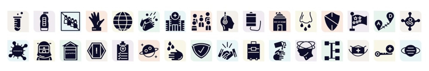 filled icons set. glyph icons such as test tube, no group, washing hands, blood bag, antivirus, safety suit, attention, washing hand, dizziness icon.
