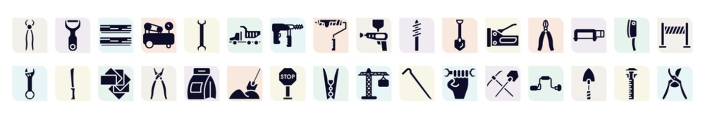 cutting tool filled icons set. glyph icons such as nail puller, boards, tipper truck, drill tip, big pliers, bread knife, open pliers, stopping, mine icon.