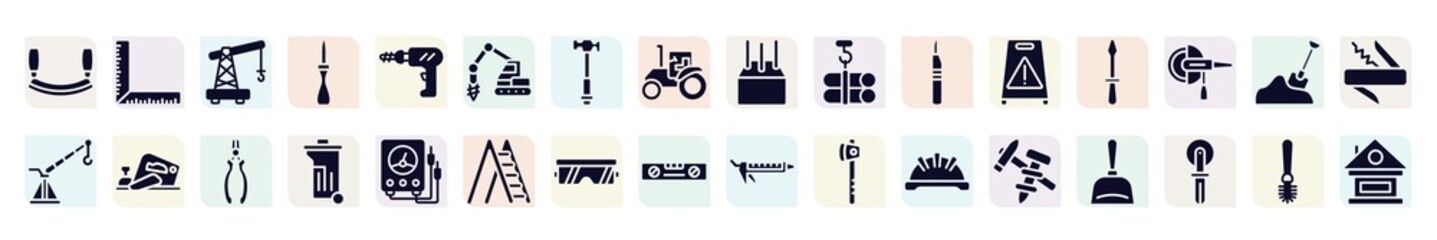 construction filled icons set. glyph icons such as mezzaluna, small crane, trucking, tubes hook, screwdriver pointing up, planer, dumpster, protection glasses, construction tools icon.