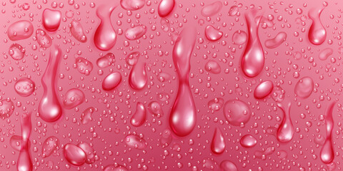 Background with big and small realistic water drops in crimson colors