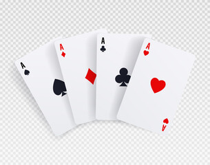 Playing cards set. Collection of aces of all stripes. Hearts, clubs, diamonds and spades. Poker or blackjack, gambling and entertainment on Internet, fortuna. Realistic isometric vector illustration