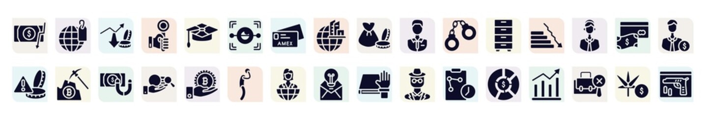 law & justice filled icons set. glyph icons such as inflation, profit growth, eye scan, shop assistant, fallen, pick, corruption, entrepreneur, allocation icon.