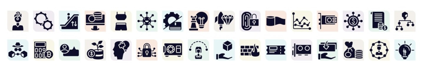cryptocurrency filled icons set. glyph icons such as confusion, mechanic stairs, centralized, biometric, graphic card, calculate, invest, safety box, video card icon.