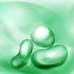 Illustration with beautiful realistic air bubbles with bright glare, floating in water or other liquid, in green color