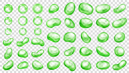 Set of realistic translucent water drops in green colors in various shapes, isolated on transparent background. Transparency only in vector format