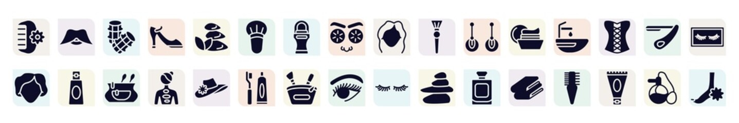 beauty & spa filled icons set. glyph icons such as hair clamp, hair rollers, blush brush, inclined makeup brush, hair washer sink, shampoo bottle, hot stone massage, little makeup box, folded towel,