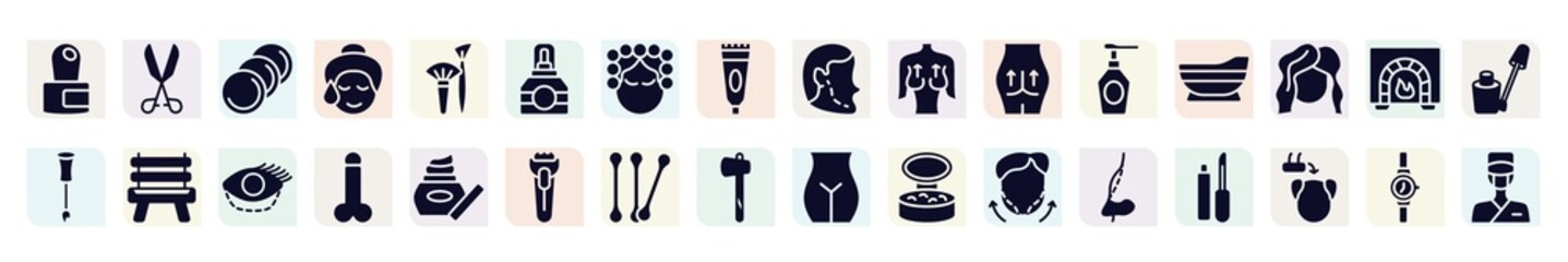 plastic surgery filled icons set. glyph icons such as cuticle, cotton discs, cologne, mastopexy, bathtube, wooden chair, , cotton buds, rhinoplasty icon.