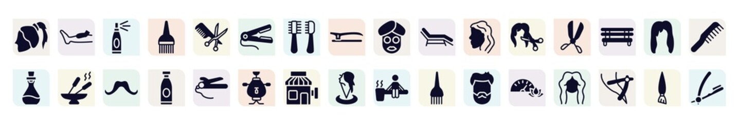 hair salon filled icons set. glyph icons such as ponytail hair, hairspray, hair straightener, sunbed, scissors badge, incense, lotion, barber, pressure icon.