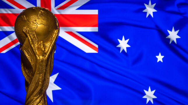 October 6, 2021 Camberra, Australia. FIFA World Cup Cup against the backdrop of the flag of Australia.