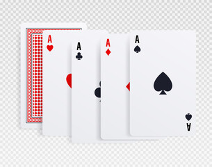 Playing cards set. Collection of flipped aces of all suits. Lucky hand in poker and good hand in blackjack. Gambling and fortune. Poster or banner for website. Realistic isometric vector illustration
