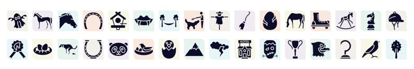 poi nature filled icons set. glyph icons such as ghost, horse head, fangs, broom, roller skate, nest with eggs, horseshoe, bird in broken egg, trophy cup icon.