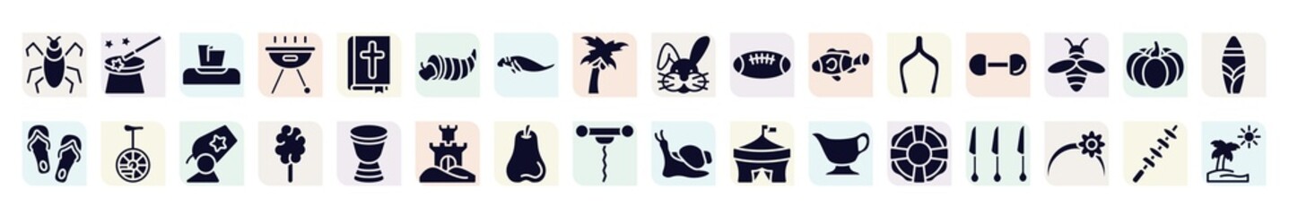 tropical filled icons set. glyph icons such as insect, napkin, cornucopia, rugby ball, dumbbell, unicycle, cotton candy, pear, lifesaver icon.