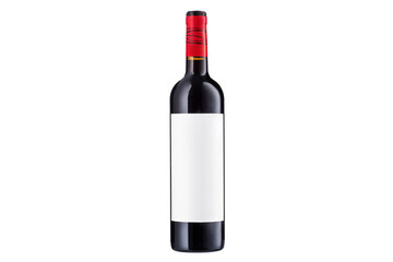 Wine bottle with label and red wine isolated on white background
