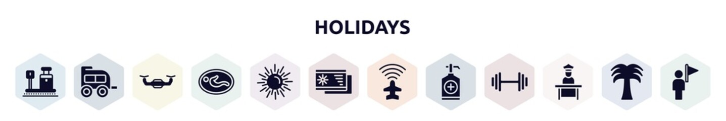holidays filled icons set. glyph icons such as travelling baggage weight, two window carriage, unmanned, nursing room, spring sun, beach postcard, airport flight info, sanitizer, airport worker,
