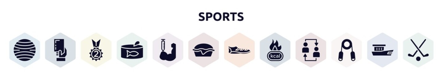 sports filled icons set. glyph icons such as yoga ball, yellow card, second place, tuna can, steroids, pies, soccer boots, calories, handgrip icon.