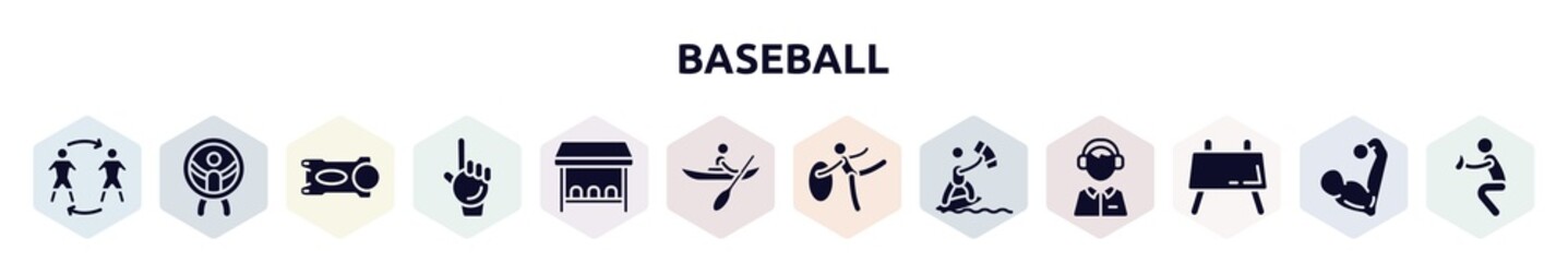 baseball filled icons set. glyph icons such as substitute, zorbing, stem, foam hand, team bench, kayaking, rhythmic gymnastics, kitesurfing, buck icon.