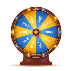 Fortune wheel spin. Blue and yellow circle with division into slots with money. Entertainment and gambling, prizes and lucky draw system. Graphic elements for website. Carton flat vector illustration - obrazy, fototapety, plakaty