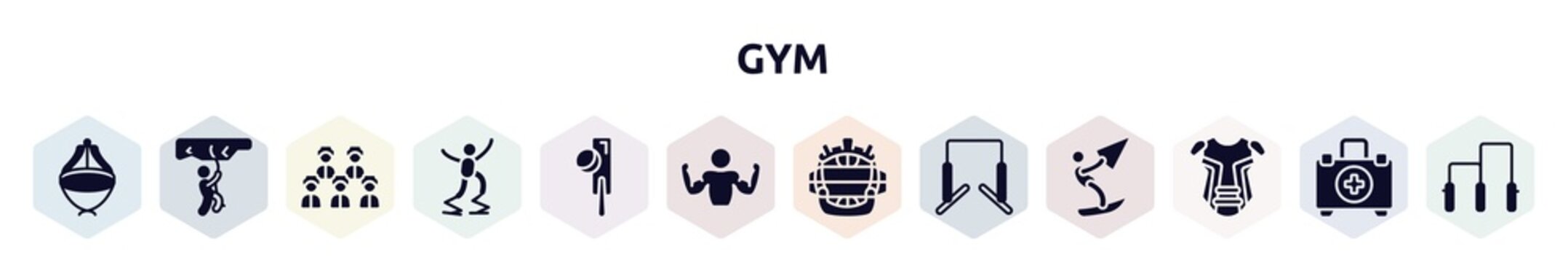 gym filled icons set. glyph icons such as asian hat, rappel, baseball team, powerbocking, crocket, bodybuilder, catcher mask, horizontal bars, chest guard icon.