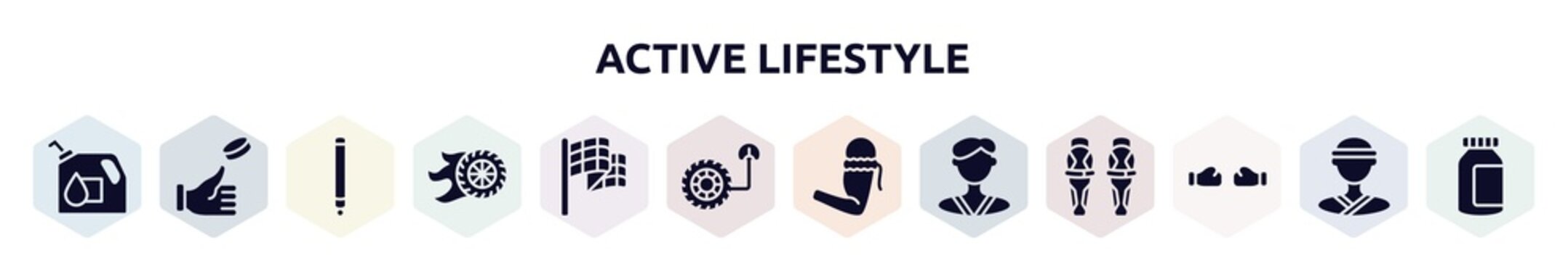 active lifestyle filled icons set. glyph icons such as oil down, coin toss, glowstick, burnout, victory lap, tire pressure, armband, karateka, punching icon.