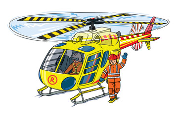 Obraz na płótnie Canvas Rescue helicopter and lifeguard or rescuer Cartoon