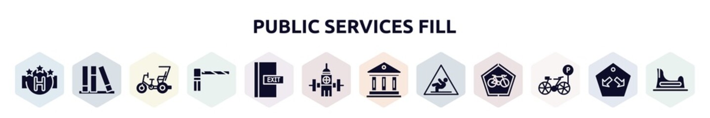 public services fill filled icons set. glyph icons such as square hotel, three books, cycle rickshaw, parking barrier, emergency door, water bomb city supplier, museum, wet floot, bike parking,