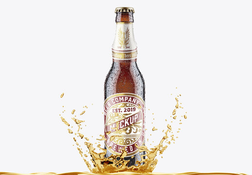 Amber Beer Bottle with Fresh Drops and Splash Mockup